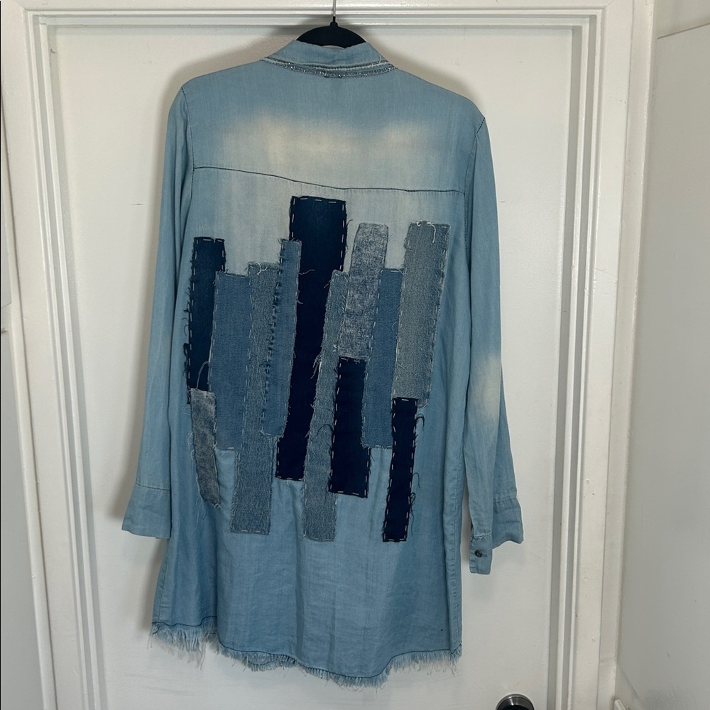 Venti6 Customized Embellished Chambray Button Down Long Sleeved Shirt Dress